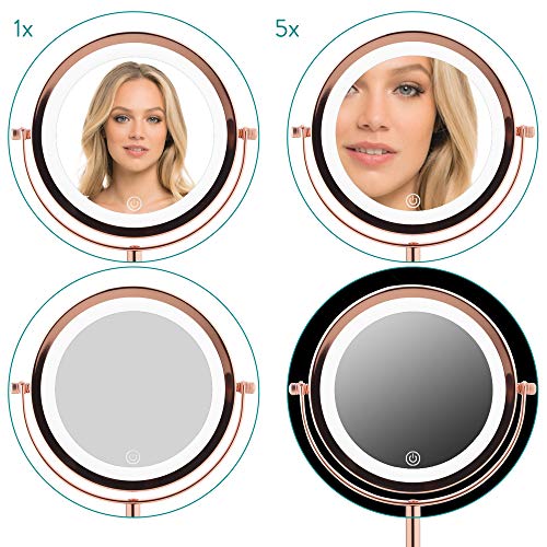 Navaris LED Illuminated Makeup Mirror - Two-Sided Vanity Mirror with Normal and 5x Magnification - 360° Cosmetic Mirror with Touch Screen - Coppe