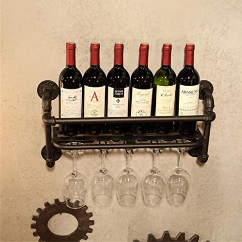 Industrial Vintage Wine Racks Wrought iron Water Pipe Design 6 Bottles Wine Holder, Wine Glass Rack Goblet Stemware Racks, Black