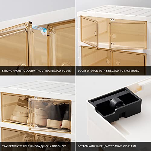 CIMLORD 6-12 Pairs Shoe Rack for Closet Foldable Shoe Organizer Plastic Shoe Boxes Clear Brown Doors Shoe Cabinet for Entryway Easy Assembly Shoe