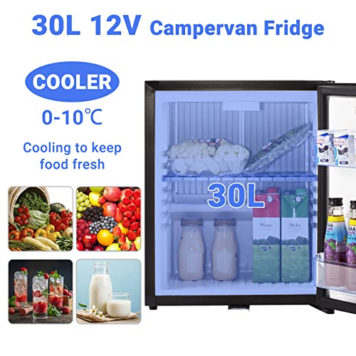 Techomey 12V Fridge 30L, 12V Campervan Fridge with Lock, Silent 12V Fridge for Campervan, Camping Fridge 12V 240V for Caravan, Motorhome, Boat, T