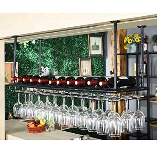 EYLINK Ceiling Wine Rack Hanging, Adjustable Height Stemware Rack Industrial Vintage Bar Counter Wine Glass Rack Metal Wine Bottle Holder - Black
