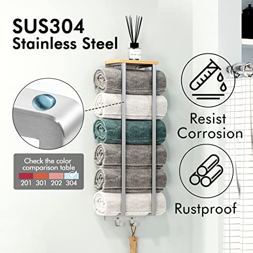 KES Towel Rack for Rolled Towel with Bamboo Board, Bathroom Towel Holder Towel Storage with Hooks Brushed Finish Wall Mounted, BTR215-2