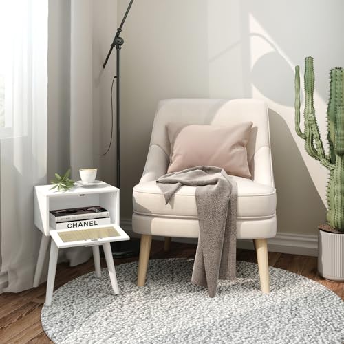 LAATOOREE Nightstand Set of 2, Small End Table with Rattan Door, Bedside Table with Solid Wood Feet, Boho Side Table for Bedroom Living Room Smal