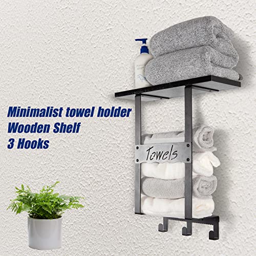 Lzziib Wall Mounted Towel Rack for Bathroom with Shelf, Towel Hanger Holder with 3 Hooks and Wooden Shelf, Metal Frame Decorative Towel Storage f