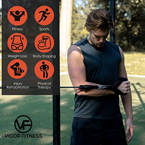 VIGOR Fitness Resistance Bands Set of 11 - 150lbs, Outdoor/Indoor Exercise Workout Equipment for Body Strength, Gym, Yoga & Home Fitness, 2 Angle