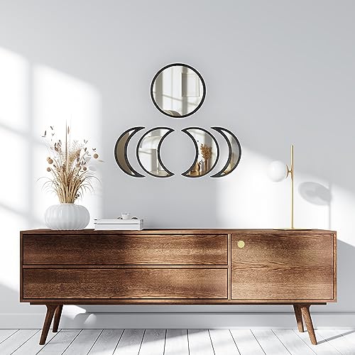 SHMITBERG Moon Phase Mirror Set -100% Real Glass - Engineered Wood (MDF) Black Frame - Moon Phase Mirror Wall Decor (Black) - Scandinavian Boho W