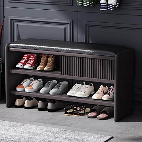 Modern Shoe Storage Bench,Wooden Entryway Bench with Leather Cushion,Upholstered Shoe Bench Shoe Cabinet Hallway Shoe Organizer Furniture-Brown-W