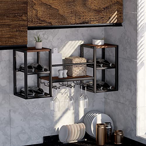 OUDUCK Wall Mounted Wine Rack with 3 Stemware Rack, Industrial Hanging Wine Rack Storage Display Shelf for Small Bar, Dining Room and Kitchen