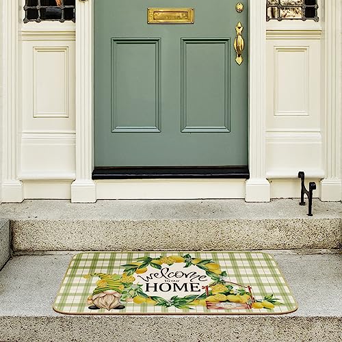 comfoyar Green and White Checkered Door Mat, Gnomes Lemon Welcome Home Floor Mats, Non Slip Rubber Backing Entrance Rug, Absorbent Washable Front