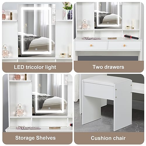 Makeup Vanity Desk with Lights & Mirror, Large Vanity Set with Storage Drawers & Stool, Bedroom Dresser Desk Vanity Table, White (Modern Vanity D
