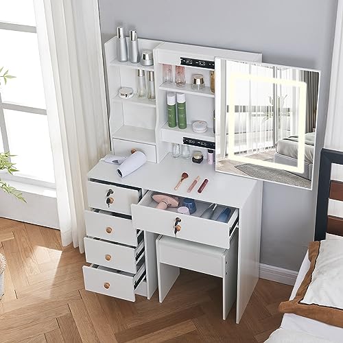 Makeup Vanity Dresser with Mirror and LED Light, 6 Drawers and Shelves Dressing Table with 3 Lighting Modes Brightness Adjustable, Makeup Table w