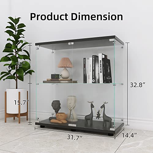 LFT HUIMEI2Y Glass Display Cabinet 2-Shelf with Double Door, Curio Cabinets Fast Installation in 30 Mins, 5mm Tempered Glass Floor Standing Books