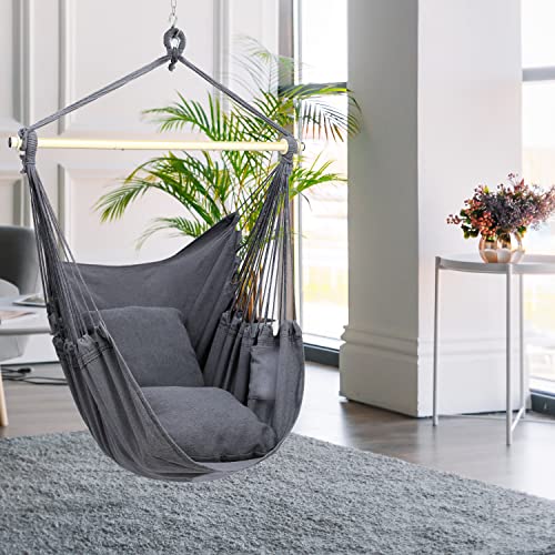 Hanging Chair Cotton Swing Chair with Hardwares, Ohuhu XL Portable Gray Hammock Chair with Cushions Installation Kit Detachable Metal Support Bar