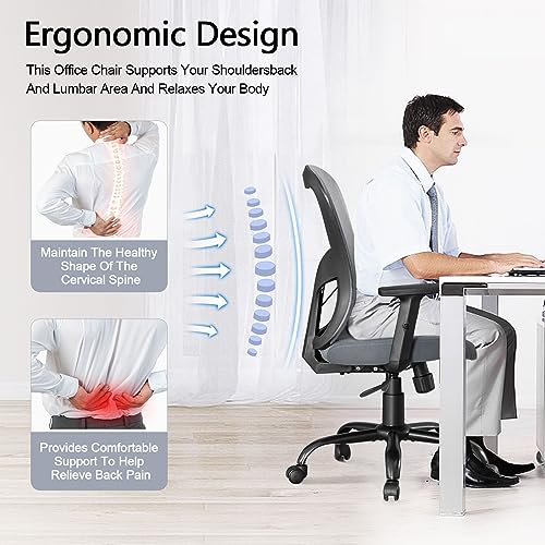 RYANGEL Ergonomic Office Chair for Home, 130° Rocking Desk Chair, Grey Mesh Office Chair with Adjustable Lumbar Support & PU Armrest, Executive S