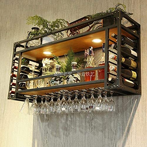 SUCHETA Hanging Wine Rack with Glass Holder and Shelf, Wine Rack Hanging,Wine Glass Racks Stemware Holder,Adjustable Height DecorationShelf, Wine