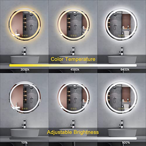 ICYWANG Round Bathroom Mirror with Led Light 400mm lluminated Wall Mounted Vanity Mirror with Demister, 3 Colors Temperature,Touch Switch, Dimmab