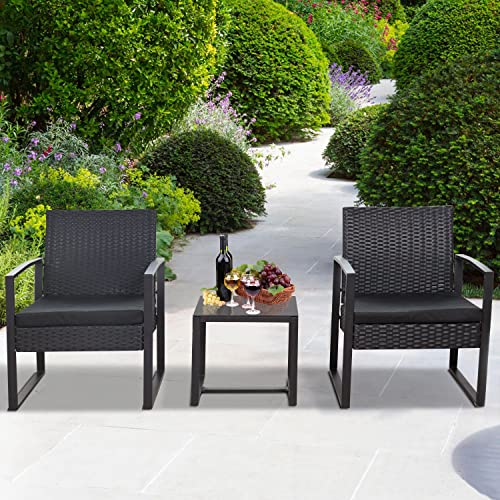 Devoko Rattan Bistro Set 2 Seater 3 Piece Garden Furniture Set Outdoor Patio Furniture with Cushion and 1 Glass Coffee Table for for Balcony, Yar