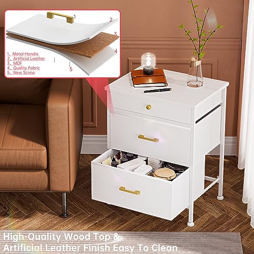 GipGiper Nightstand with 3 Drawers, Dresser for Bedroom, Small Dresser Night Stand with Fabric Bins, Leather Finish, Modern Bedside Table End Sid