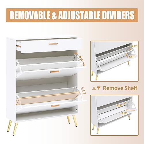 KUMIUNION Shoe Cabinet, Free Standing Shoe Rack Organizer with 2 Flip Drawers & Top Drawer, Modern Slim Narrow Shoe Storage with Metal Legs for E