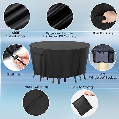 GARPROVM Garden Furniture Covers,Round Garden Table Cover 600D Heavy Duty Oxford Fabric Patio Outdoor Circular Table Cover Waterproof,Windproof &