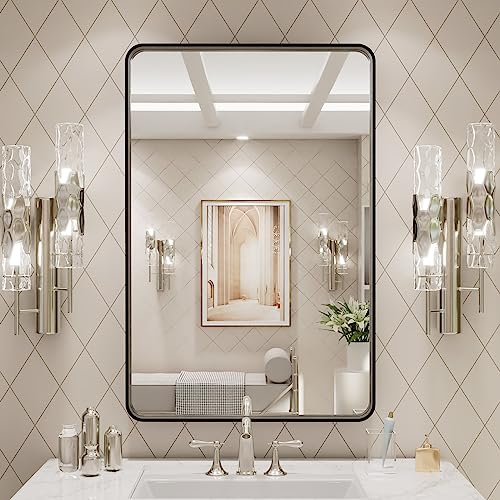 LOAAO 20X30 Inch Black Metal Framed Bathroom Mirror for Wall, Matte Black Bathroom Vanity Mirror Farmhouse, Large Rounded Rectangle Mirror, Anti-