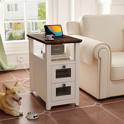 HDDDZSW Farmhouse XXL End Table with Charging Station, Narrow Side Table with USB Ports and Outlets, Nightstand with 2 Drawers Storage, Bedside T