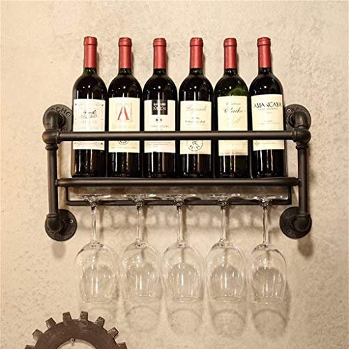 Industrial Vintage Wine Racks Wrought iron Water Pipe Design 6 Bottles Wine Holder, Wine Glass Rack Goblet Stemware Racks, Black