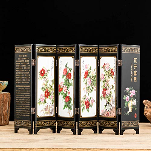 TJ Global 6-Panel Traditional Chinese Art for Home Decoration - Decorative Lacquerware, Home Decor, Lacquer, Oriental, Mini Divider (Peonies)