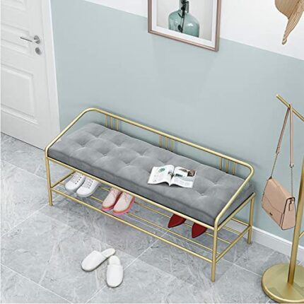 Velvet Upholstered Shoe Bench, Entryway Shoe Storage Bench with Metal Frame Back Soft Padded Stool with Gold Leg Shoe Rack Bench Organizer, for L