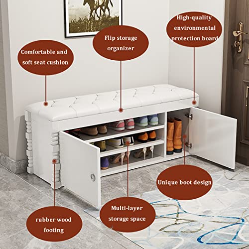 Shoe Bench Solid Wood Storage Bench Entryway, 3-Tier Entryway Bench with PU Cushion Seating, Shoe Rack Organizer with Door Cabinet for Entryway,