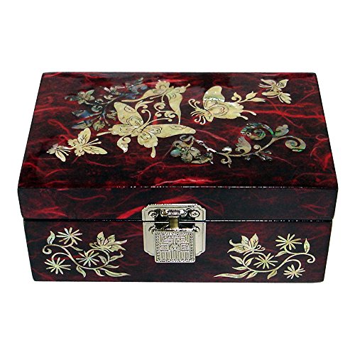 Mother of Pearl Crane Bird and Pine Tree Design Purple Wooden Jewellery Drawer Mirror Trinket Keepsake Treasure Gift Asian Lacquer Box Case Chest