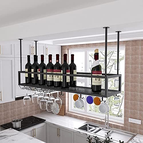 EMISOO Hanging Ceiling Shelf Hanging Wine Rack, Metal Ceiling Bottle Rack, Adjustable Height Black/Gold Display Wine Storage Holder with Stemware
