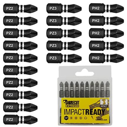 20 x SabreCut SCPB25_20 25mm PZ2 PZ3 PH2 Impact Screwdriver Driver Bits Set Single Ended PoziDriv POZI No.2 No.3 Phillips No.2 Heavy Duty Includi