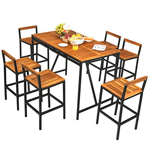 MIAOZI 7PCS Patio Rattan Bar Set Acacia Wood Frame Stools Table Umbrella Hole Outdoor Bar Set