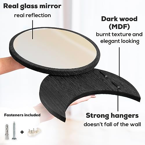 SHMITBERG Moon Phase Mirror Set -100% Real Glass - Engineered Wood (MDF) Black Frame - Moon Phase Mirror Wall Decor (Black) - Scandinavian Boho W