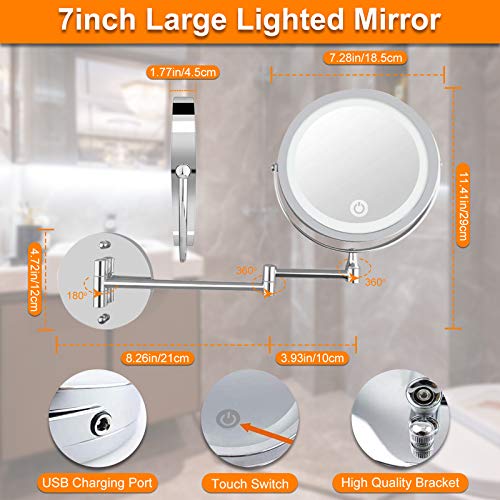 longziming 7'' Makeup Mirror Wall Mounted, Upgraded 10X Magnification Double-Sided Mirror, USB Charging Touch Button Adjustable Light 360° Swivel