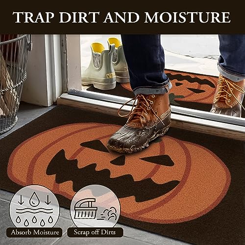 Lahome Halloween Decorative Door Mat, Outdoor Indoor Front Doormat with PVC Backing, Durable Non Slip Black Pumpkin Coir Door Mats for Entrance P