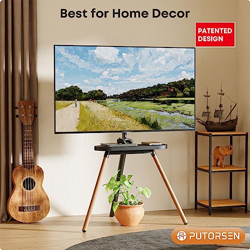 PUTORSEN Easel TV Tripod Stand for 43 to 65 Inch LED LCD Screens, Height Adjustment TV Floor Stand with TV Shelf and Solid Wood Tripod Base, Swiv