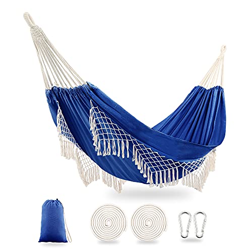 Outdoor Hammock,Premium Cotton Hammocks with Tassels 2 Person Durable Swing with Travel Bag Perfect for Beach, Yard, Bedroom, Patio, Porch, Indoo