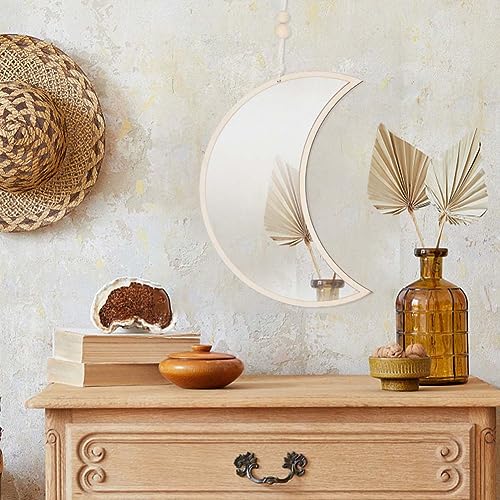 CREATCABIN Moon Wall Decor Mirror Acrylic Wall Hanging Decoration Mirror Pendant Wall Art Wall Mounted Mirror with Wool Wire Wood Beads for Home