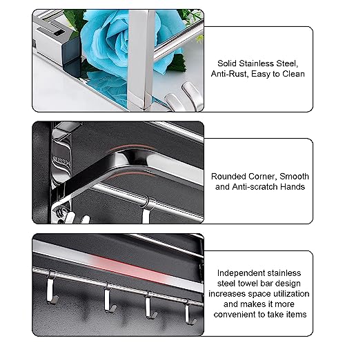 HONPHIER Towel Rail Wall Mounted 2-Tier Foldable Towel Holder Bath Towel Rack With Activity 5 Hooks SUS 304 Stainless Steel Towel Shelves Towel R