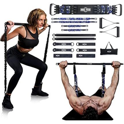 INNSTAR Portable Home Gym Set with Workout Bar, Bench Press Set, Squat Deadlift Resistance Band, Door Anchor and More-Full Body Workout Equipment