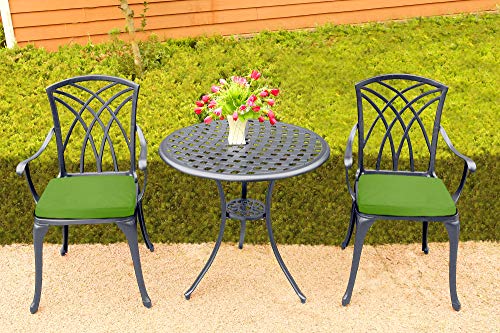 Homeology OSHOWA Grey Aluminium Weatherproof Outdoor Table and 2 Comfortable Chairs with Armrests Bistro Set with Green Cushions