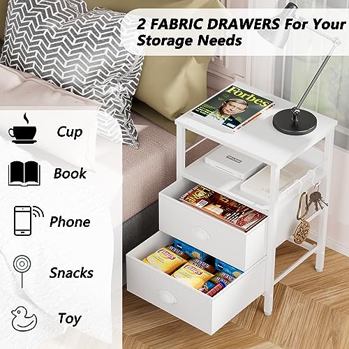 Furologee Nightstands Set 2, Bedside Table with 2 Fabric Drawers, End Table with 2 Hooks, Open Wood Shelf Side Sofa Table for Bedroom/Living Room