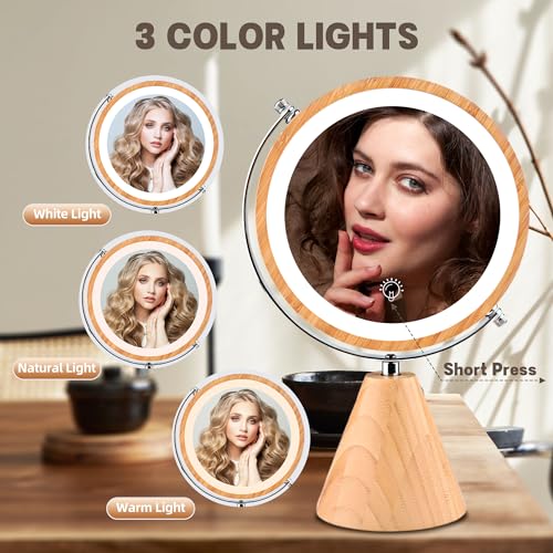 SLIMOON 8" Vanity Mirror with Lights and Bamboo Stand, 1X/10X Double Sided Magnifying Mirror with Light, 360° Rotation, 3 Colors Brightness Adjus