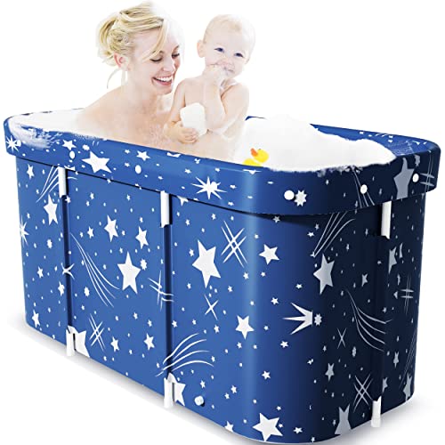 Portable Bath Adult, Non-Inflatable Foldable Bathtub, Standing Soaking Bath Tub for Adults Kids, Ideal for Hot Bath Ice Bath (Starry Blue)
