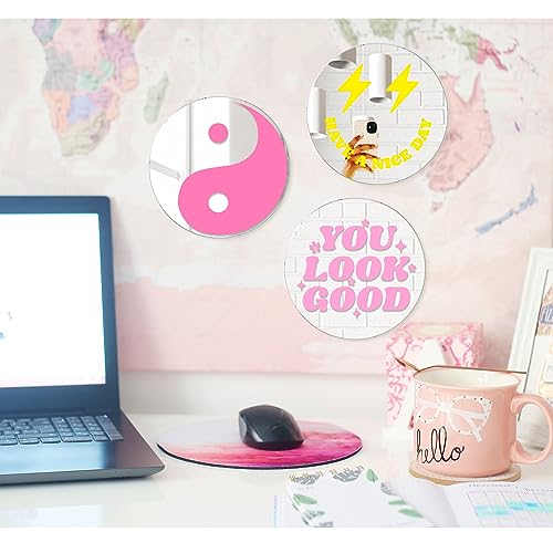 Mirrors for Wall - Preppy Acrylic Round Mirror Pink Aesthetic Wall Decor Art for Teen Girls Hanging Bedroom Bathroom Livingroom Set of 3Pcs