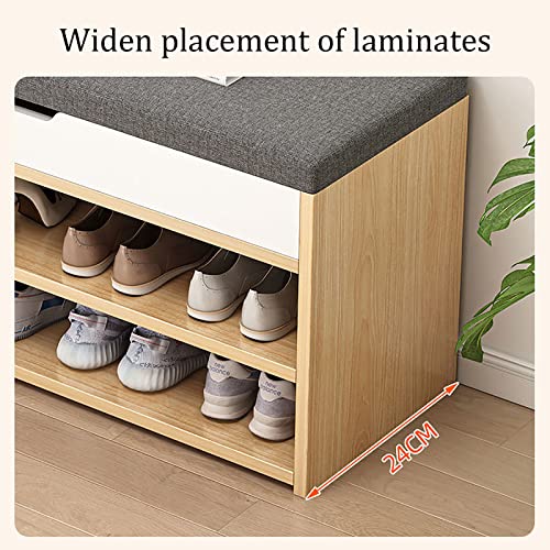 Shoe Storage Bench, Entryway Bench with Flip Top Storage Space And Padded Cushion, 2 Tier Wooden Shoe Storage Cabinet, Shoe Rack for Entryway Liv