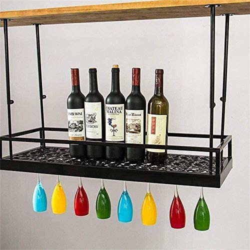 SUCHETA Hanging Wine Rack with Glass Holder and Shelf, Wine Lovers Bar Furniture& Home Bar Furniture Loft Wall Shelf Metal Iron Ceiling Rack Stor