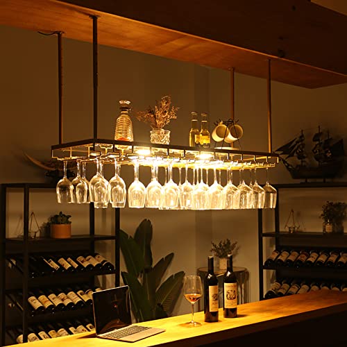 Rustic Wine Rack Wall Mounted with Light & Glass Holder, Adjustable Hanging Bar Wine Glass Rack Ceiling, Bottle Holder Wine Shelf Shelves for Bar